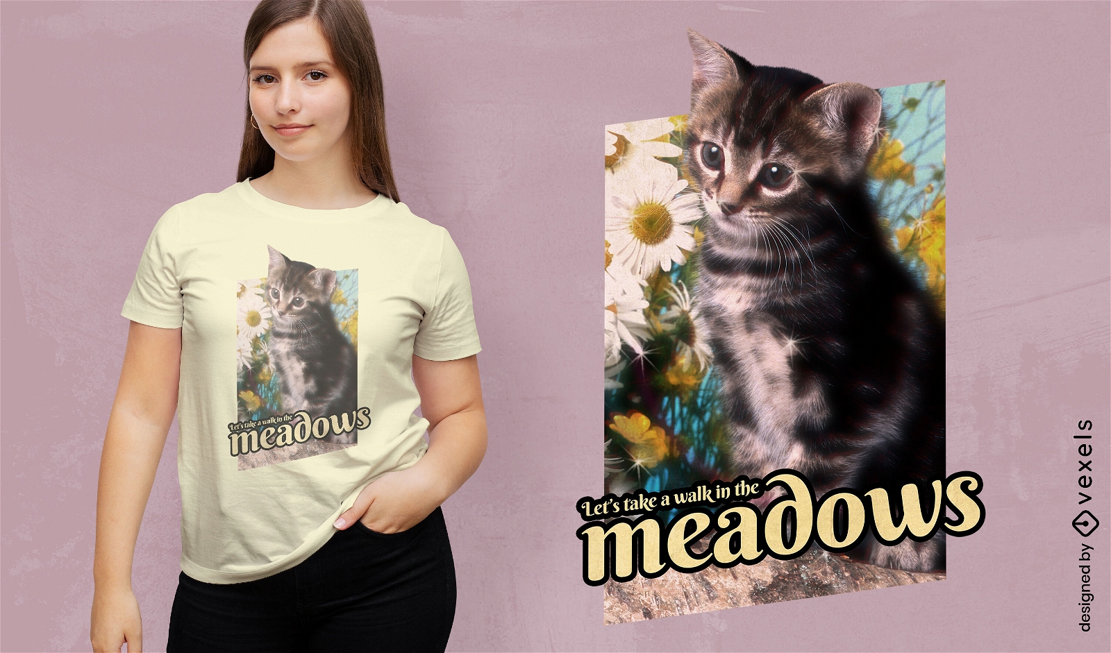 Cute kitten animal and flowers psd t-shirt