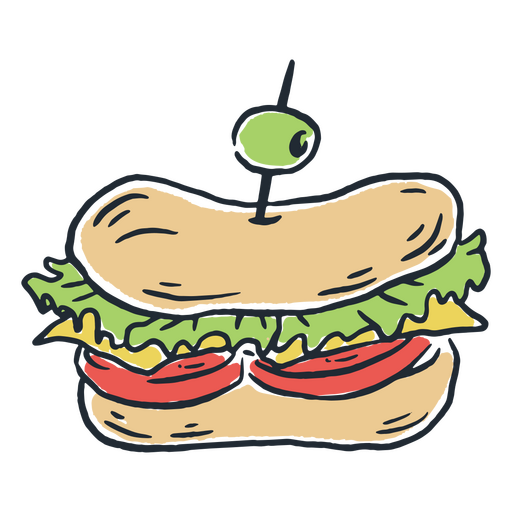 Sandwich with vegetables and a green olive PNG Design