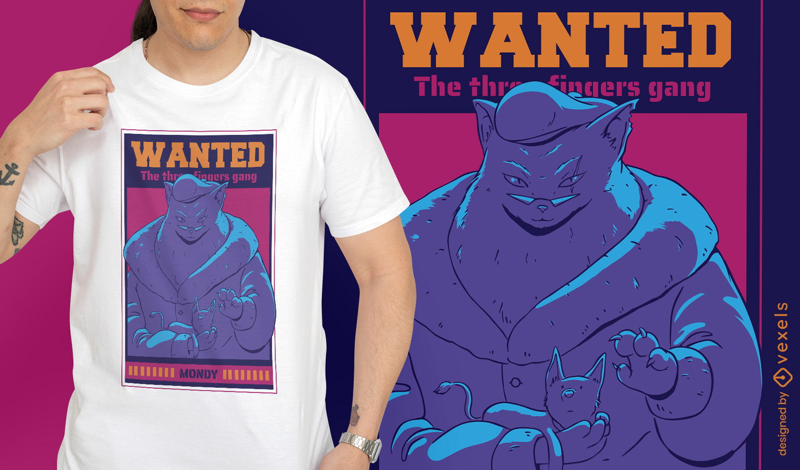 Fancy cat animal mafia wanted sign t-shirt design