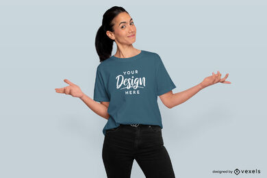 Happy woman in ponytail and t-shirt mockup