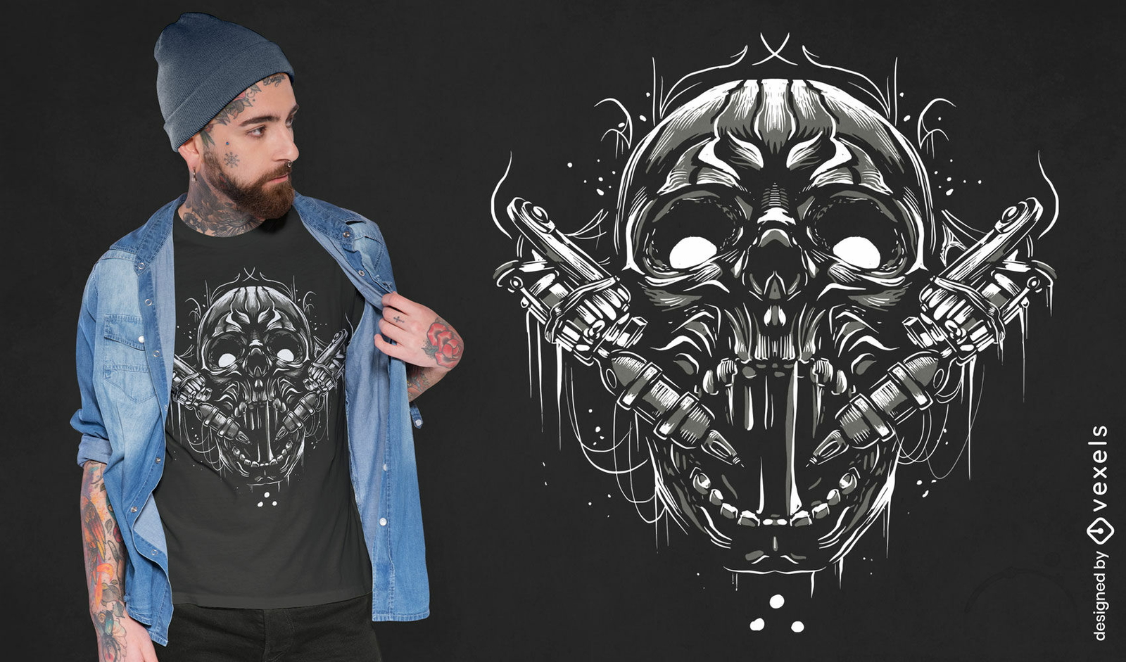 Diseño de camiseta de calavera de máquina de tatuaje