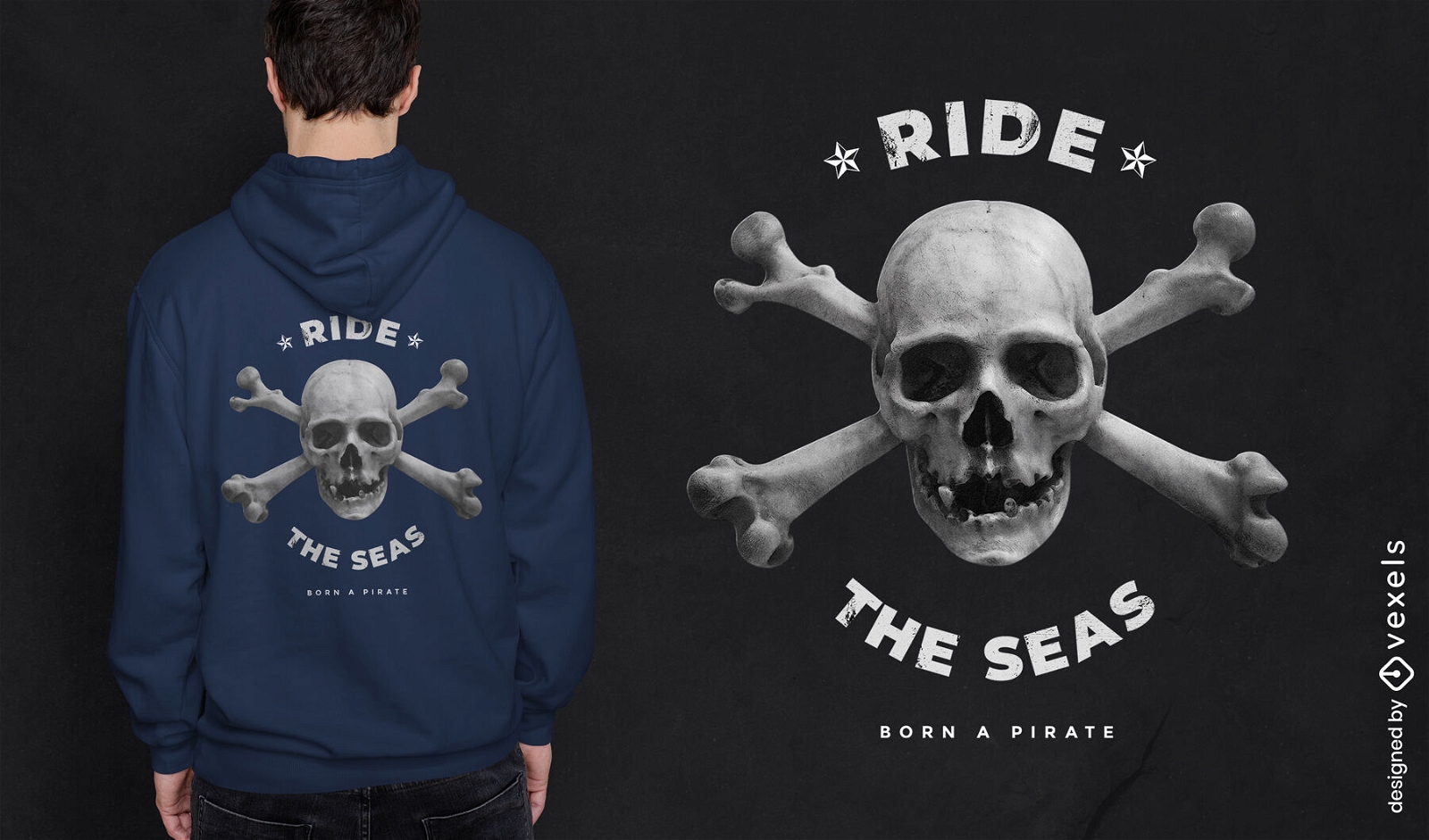 Design de camiseta de pirata de caveira e ossos
