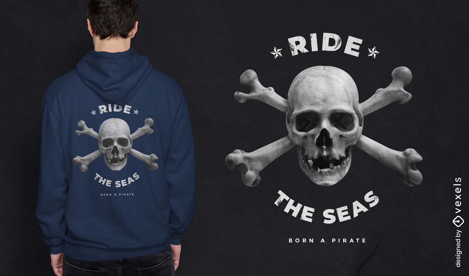 Diseño de camiseta pirata calavera y huesos.