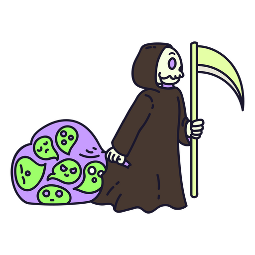 Grim reaper com um saco cheio de fantasmas Desenho PNG