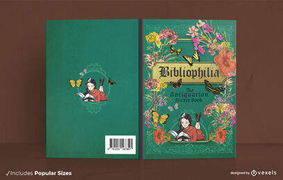 Frau liest mit Blumen Bucheinband-Design