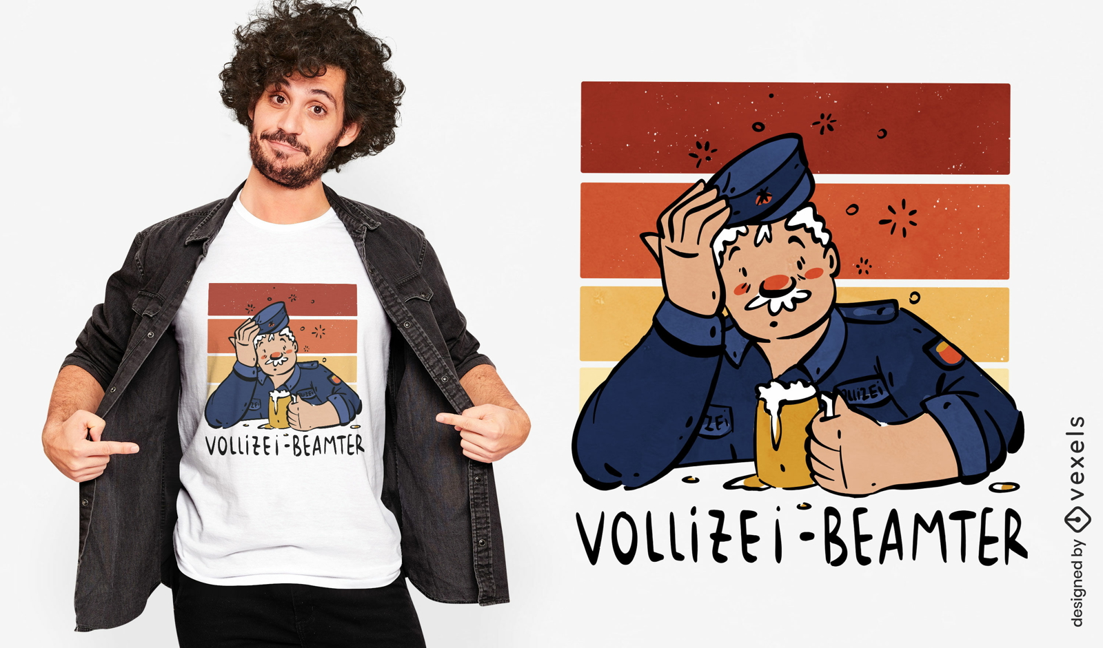 Design de camiseta de policial bebendo cerveja