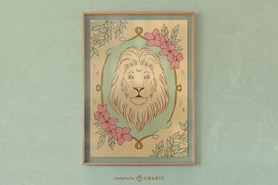 Diseño de cartel floral animal león místico