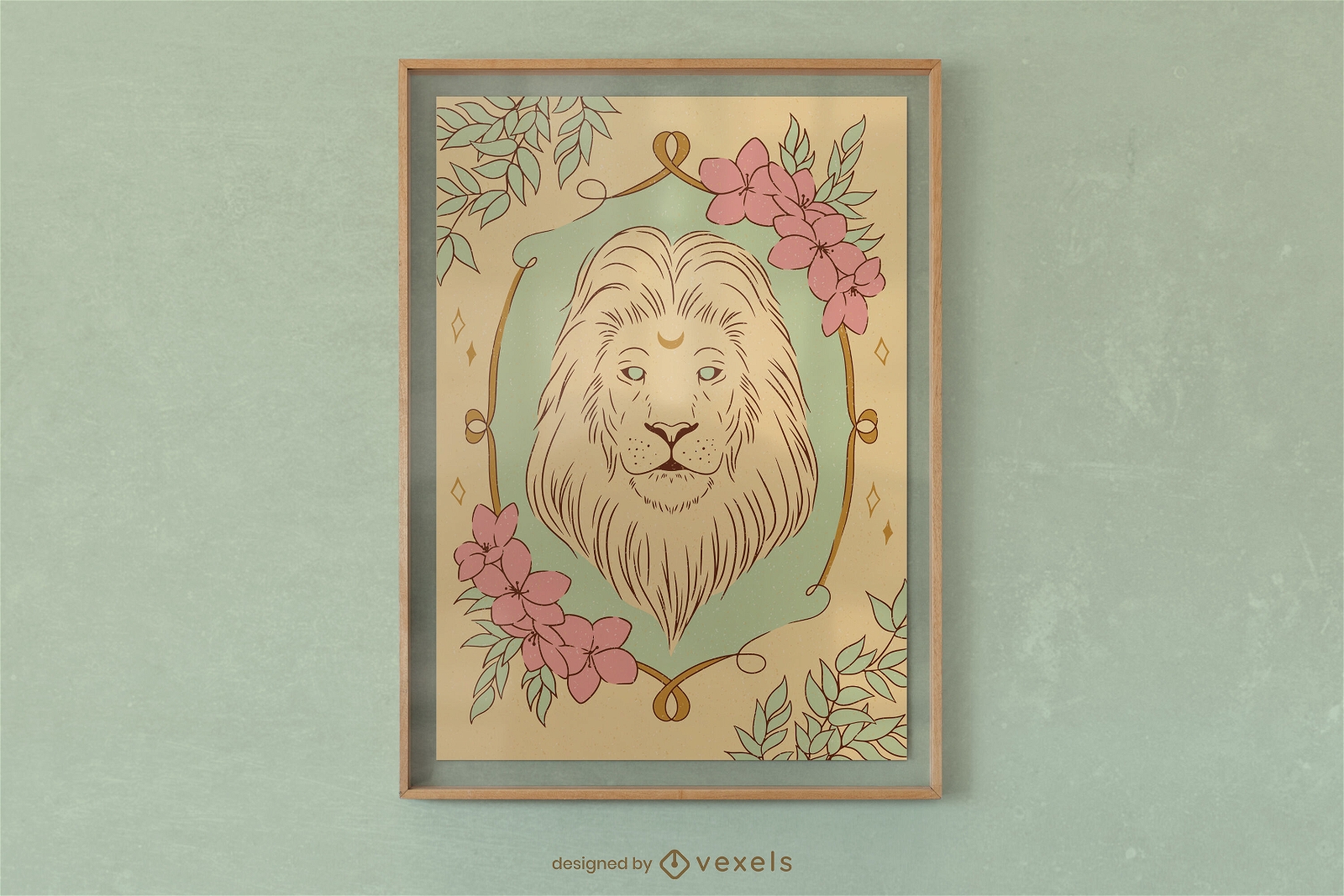 Diseño de cartel floral animal león místico