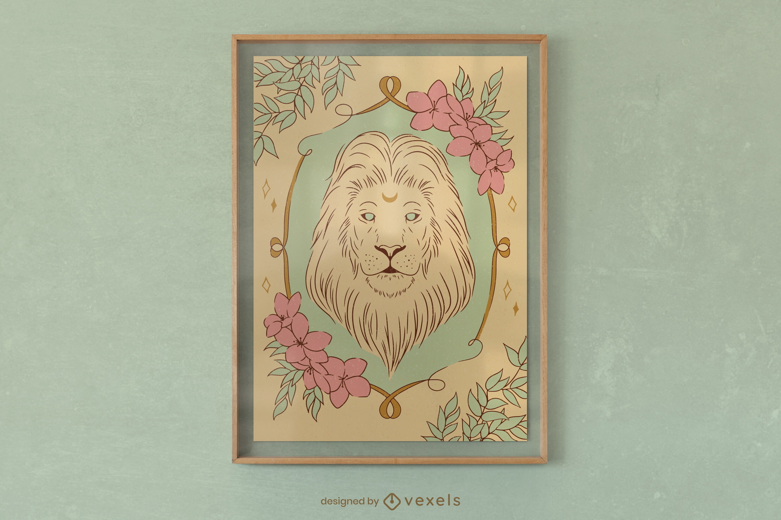 Mystical lion animal floral poster design