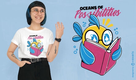 Diseño de camiseta de lectura de personajes de peces.