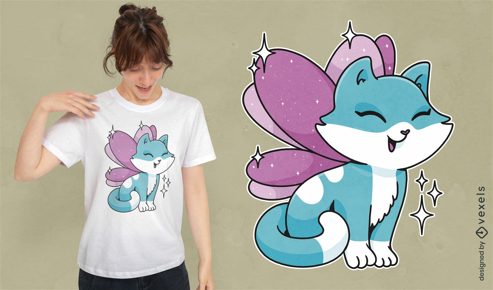 Design de t-shirt de desenho animado de gato de fada bonito