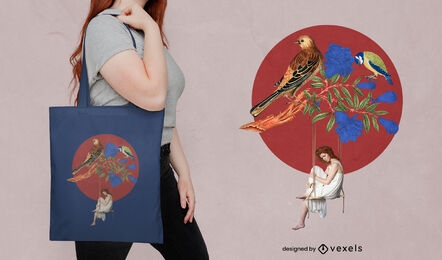 Woman bird swing tote bag design