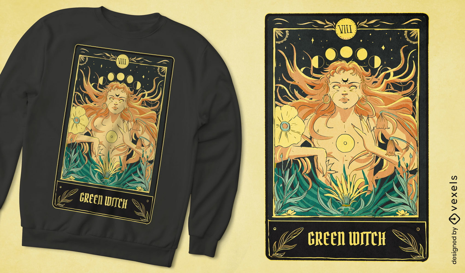 Diseño de camiseta de bruja verde tarot