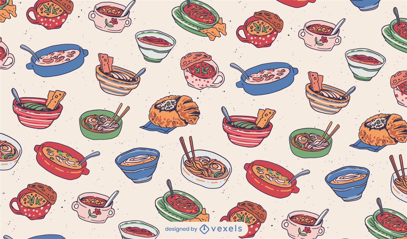 Tigelas de sopa e design de padrão de comida quente