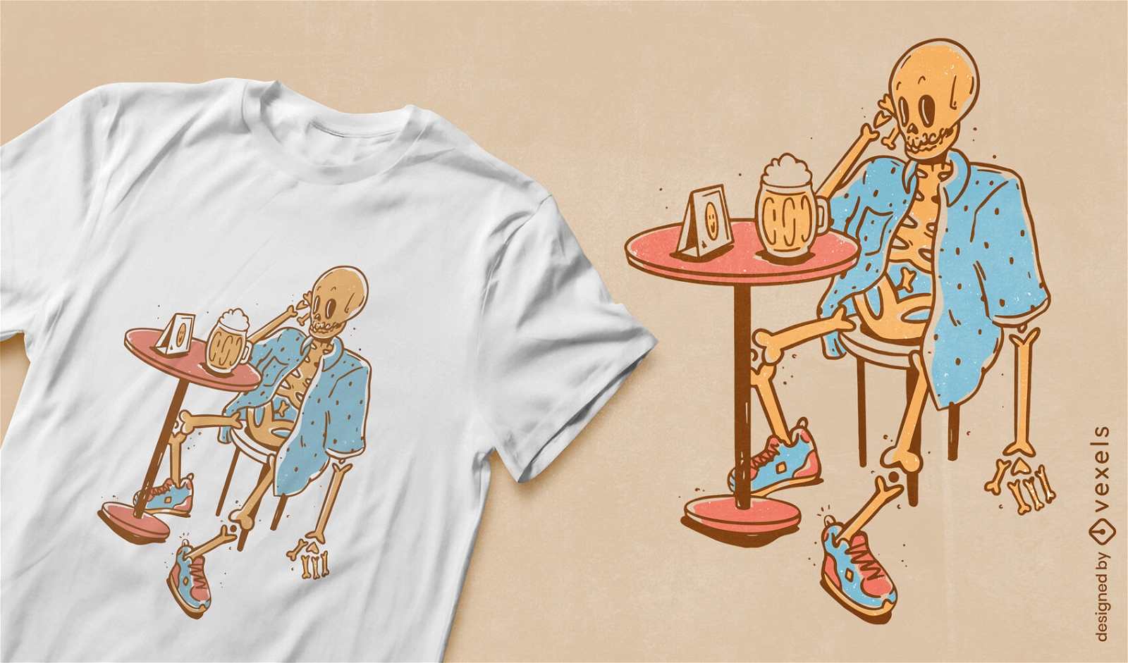 Diseño de camiseta de barra de esqueleto de cerveza.