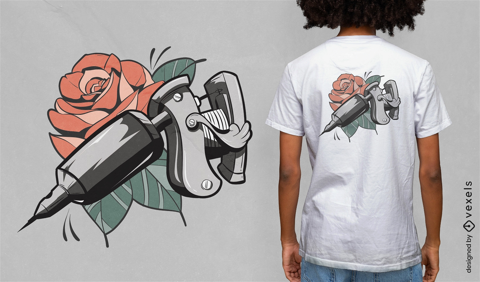 Tattoo-Pistole und Rosenblumen-T-Shirt-Design