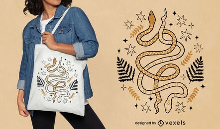 Diseño de tote bag serpientes con estrellas