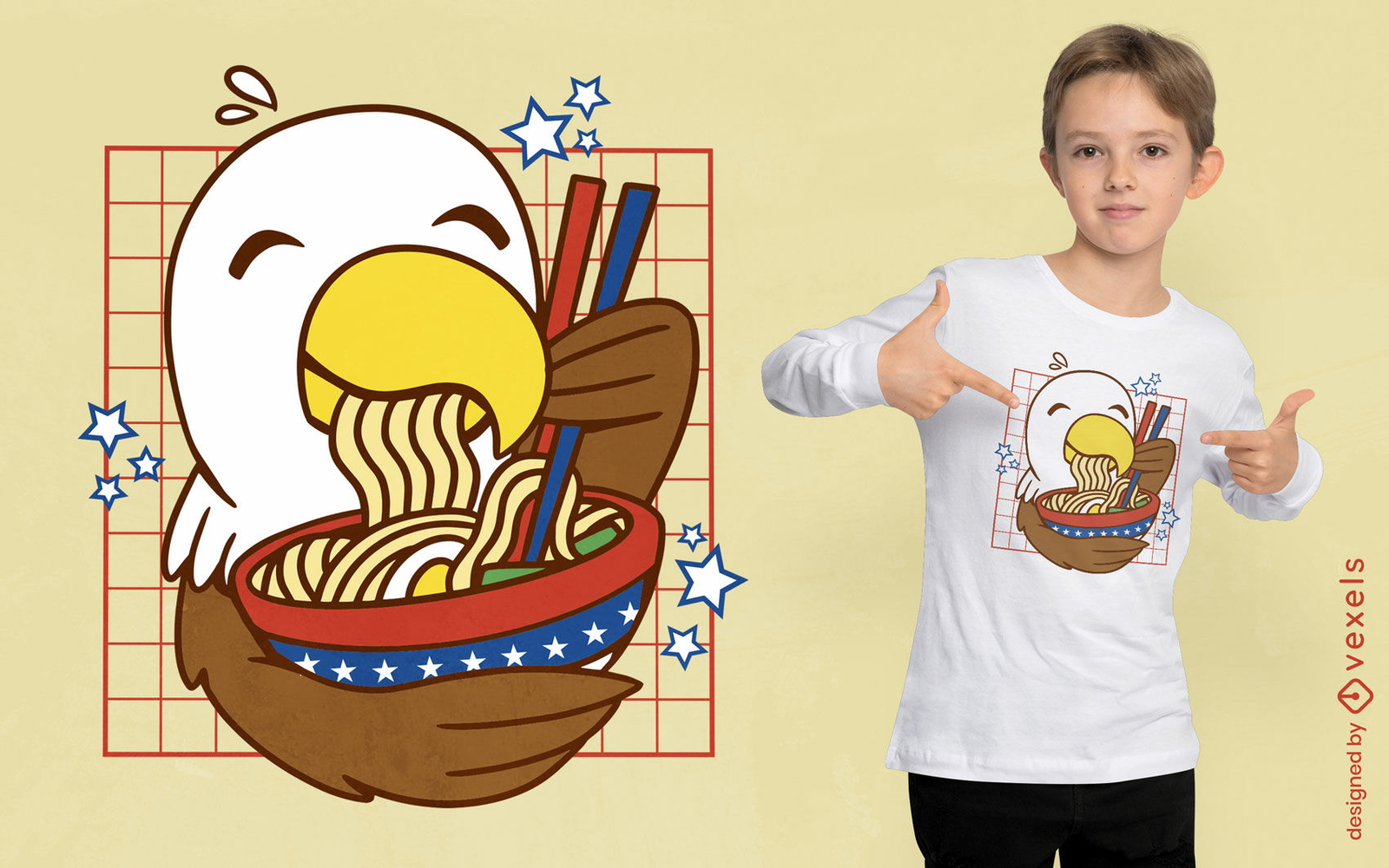 Diseño de camiseta de ramen de águila kawaii