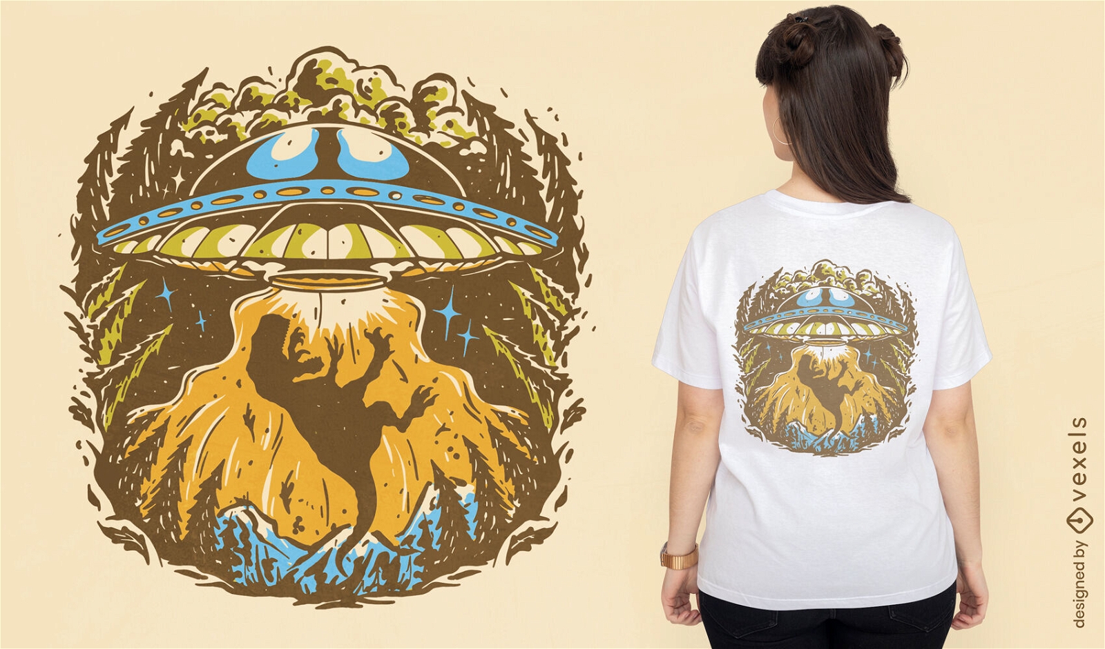 Design de camiseta de abdução de dinossauro UFO