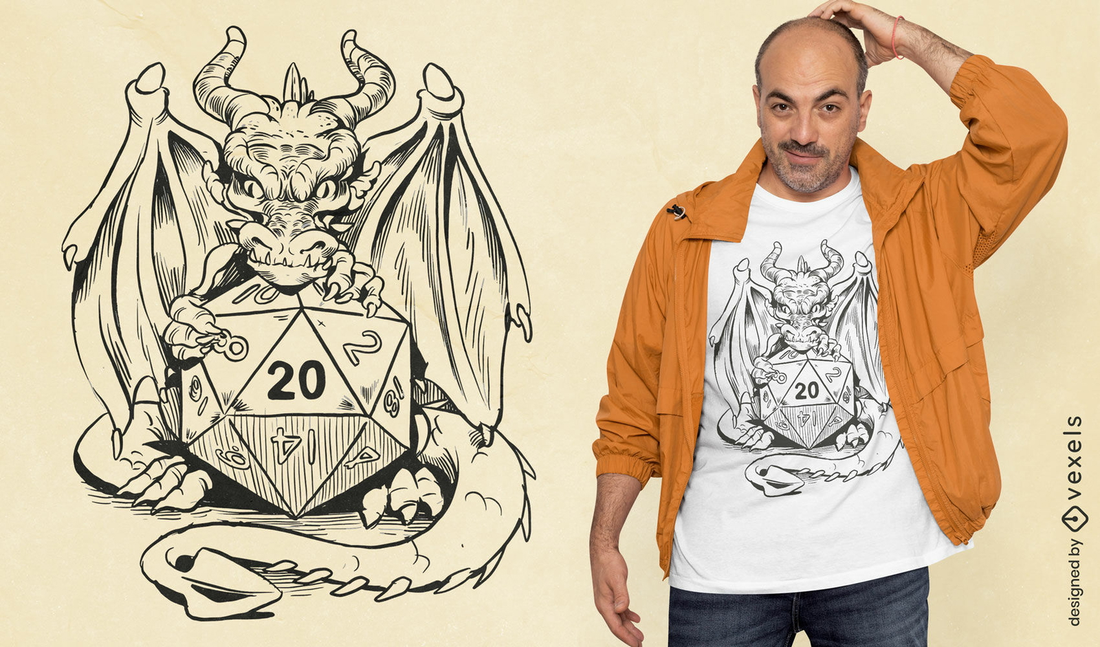 Criatura dragão com design de camiseta de dados de rpg