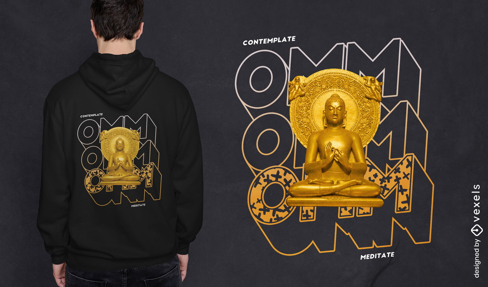 Diseño de camiseta psd dorada de meditación.