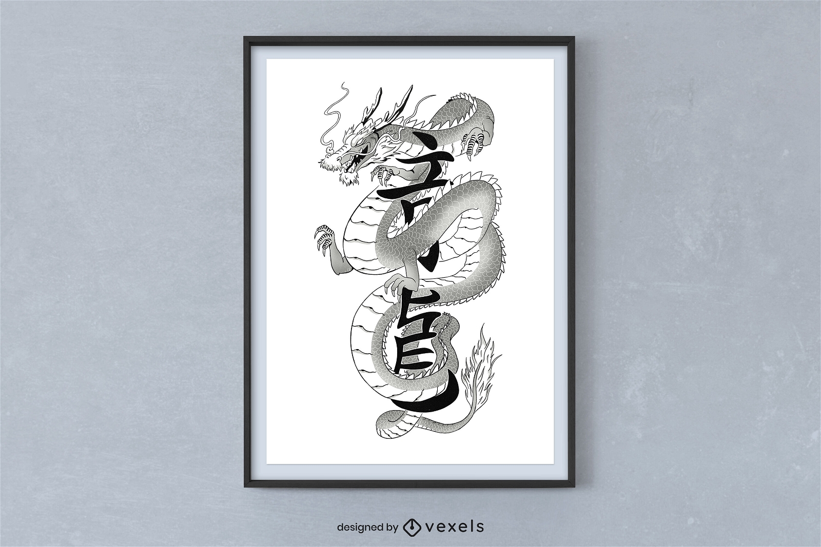 Design de cartaz preto e branco de dragão japonês