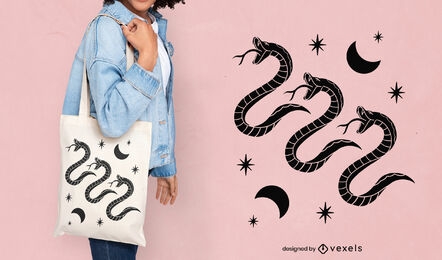 Snakes and moons tote bag design