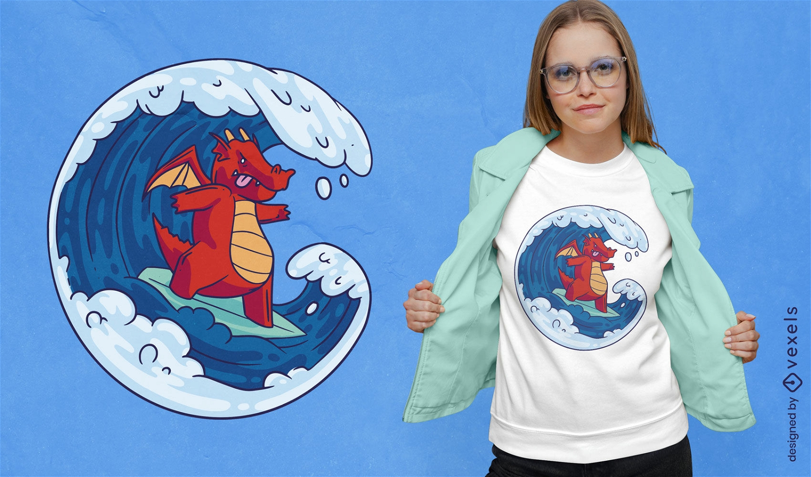 Design de camiseta de surf de dragão de desenho animado