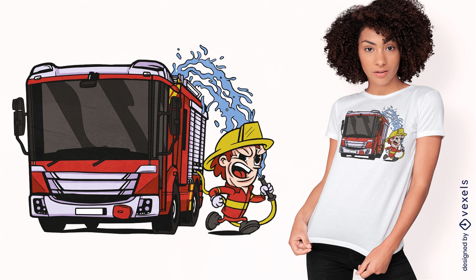 Bombeiro de desenho animado com design de camiseta de caminhão