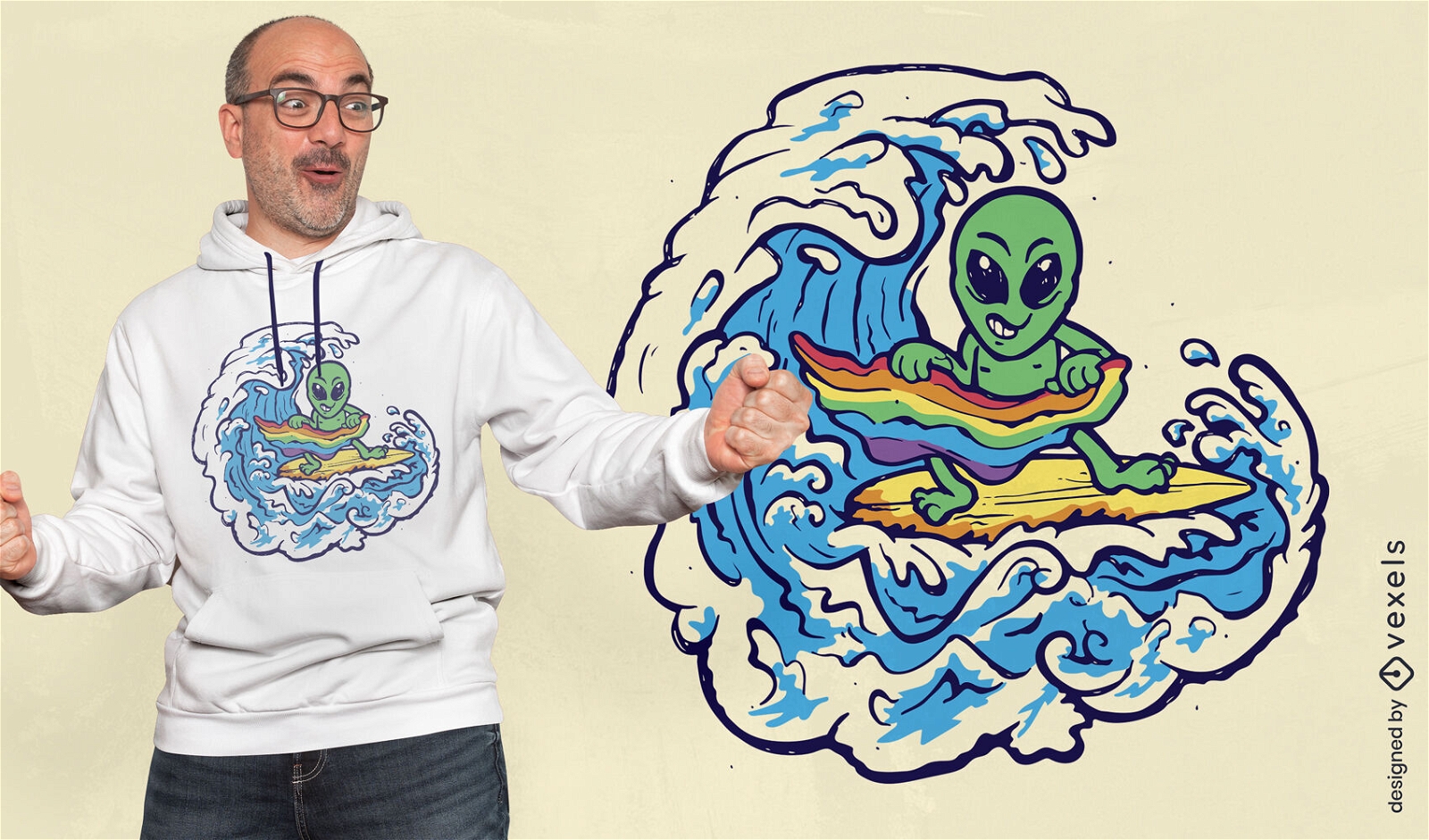 Diseño de camiseta de surf alienígena con bandera del orgullo
