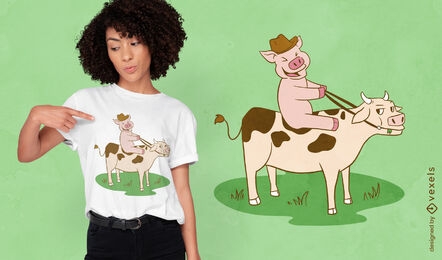 Animal de porco montando um design de camiseta de vaca