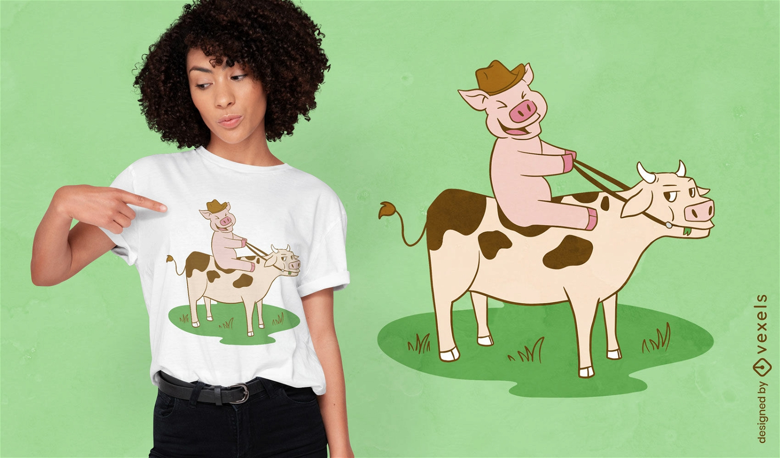 Schweinetier, das auf einem Kuh-T-Shirt-Design reitet