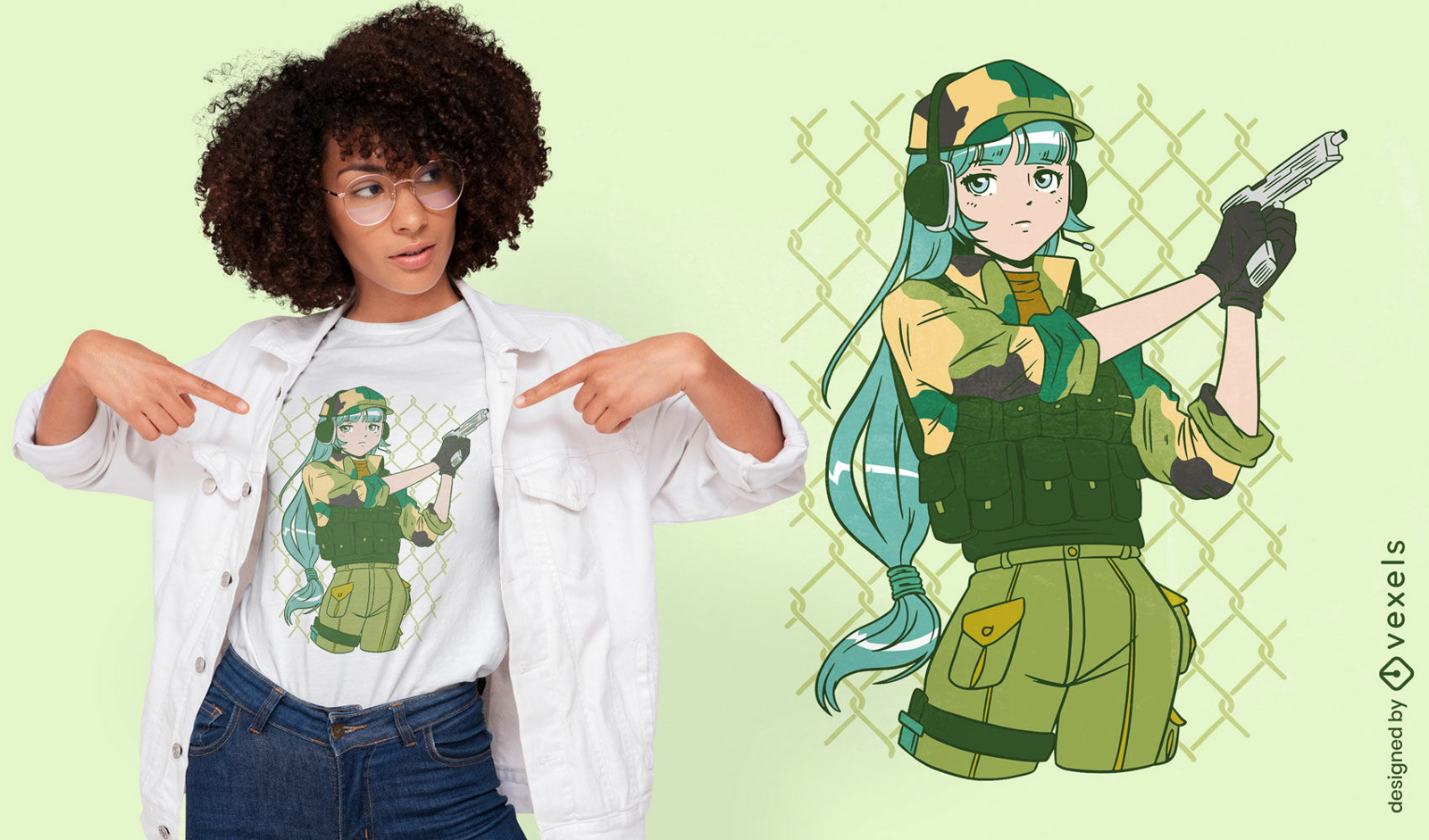 Chica del ejército con diseño de camiseta de anime de pistola