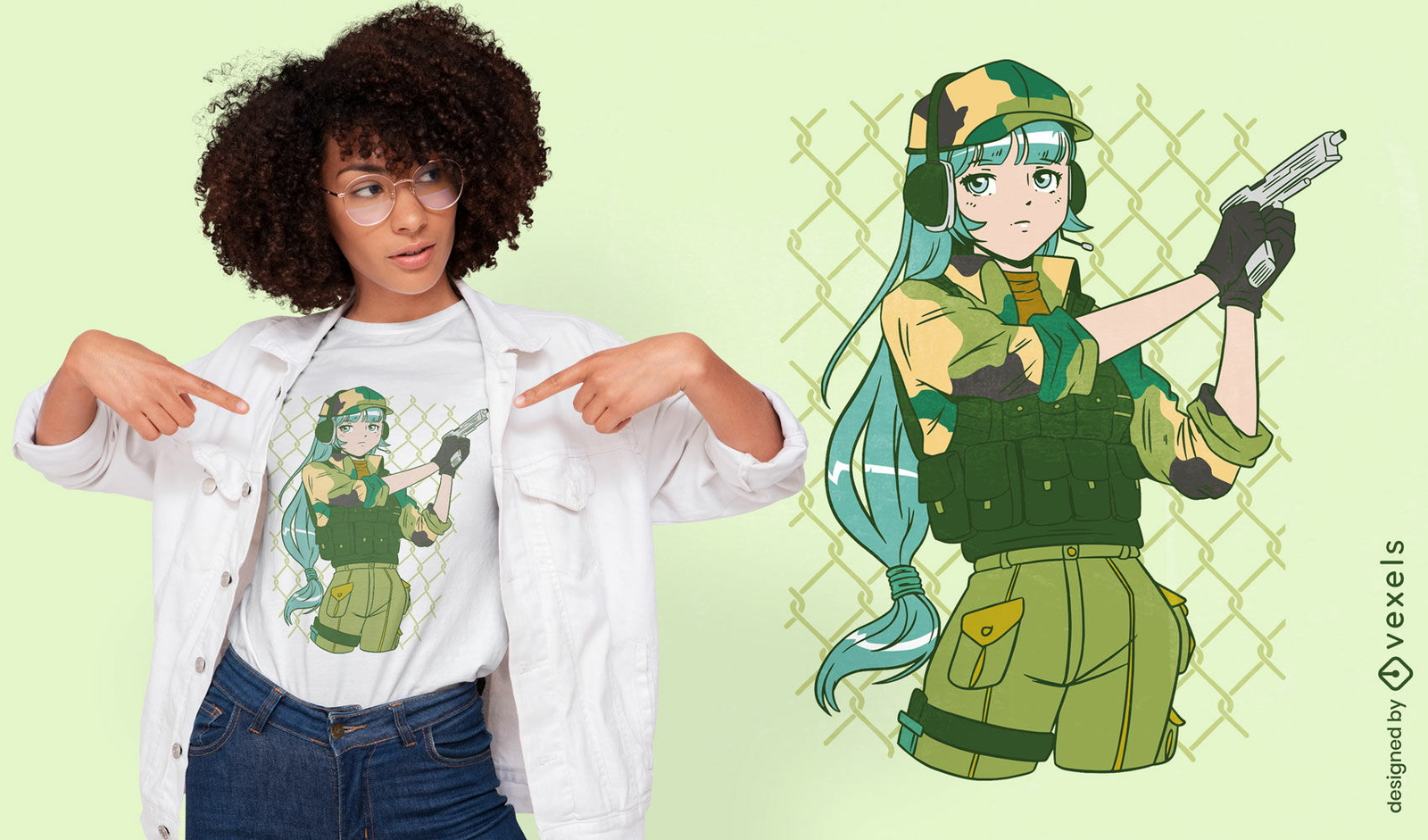 Garota do exército com design de camiseta de anime de arma