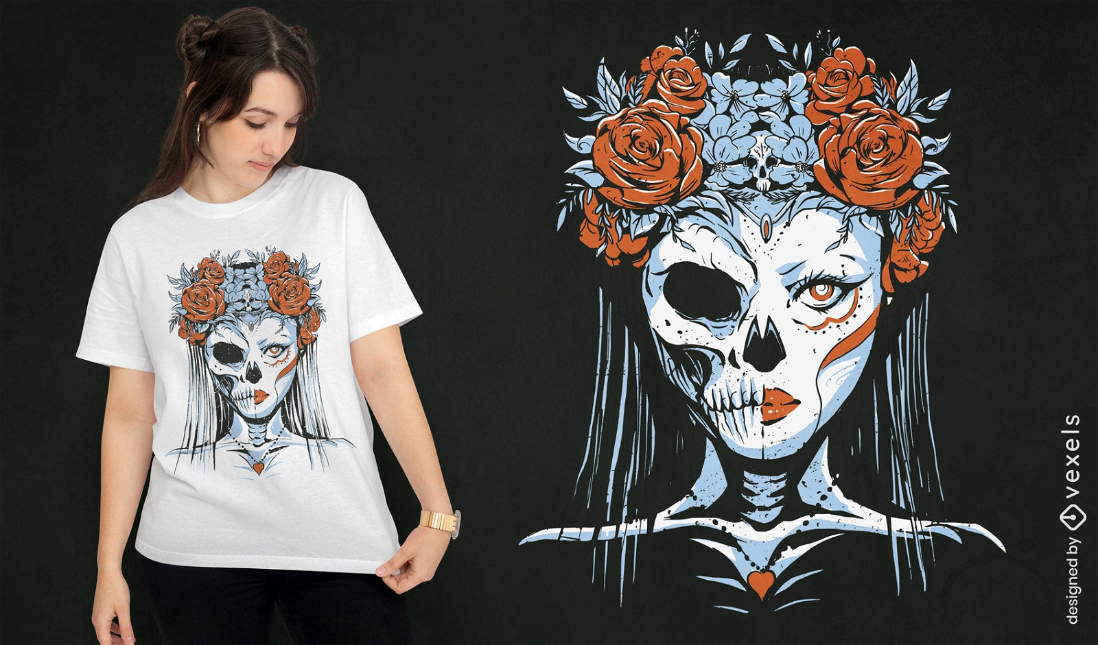 Design de camiseta de noiva meio esqueleto