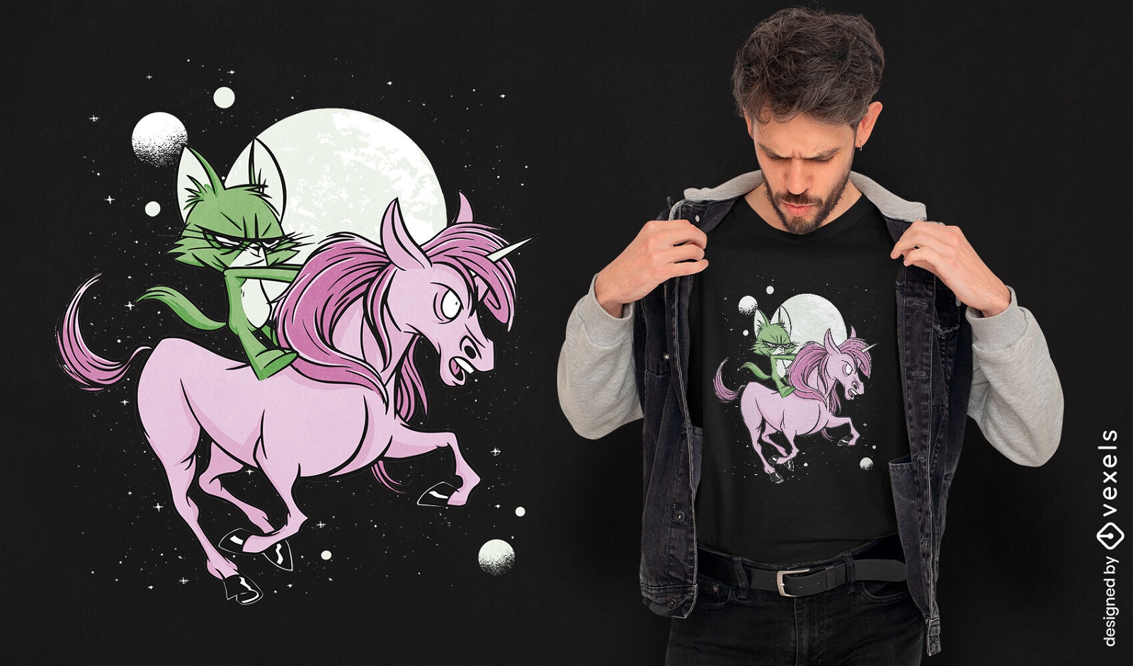 Diseño de camiseta de dibujos animados de gato unicornio paseo