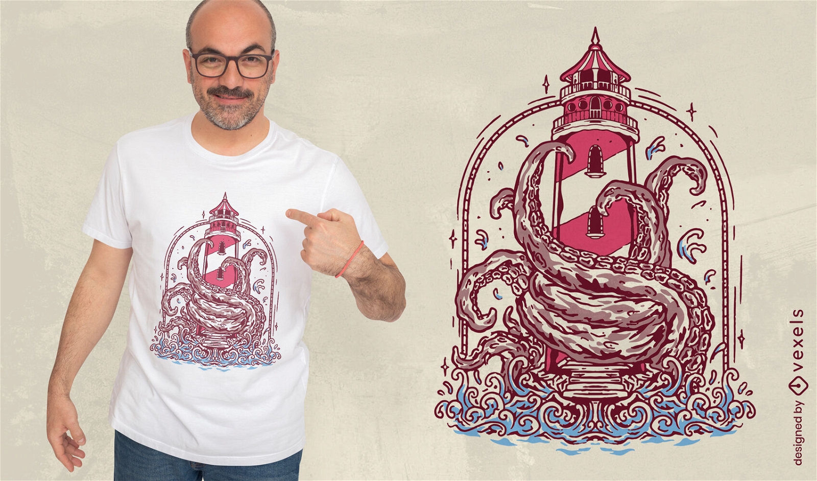 Seeungeheuer im Leuchtturm-T-Shirt-Design