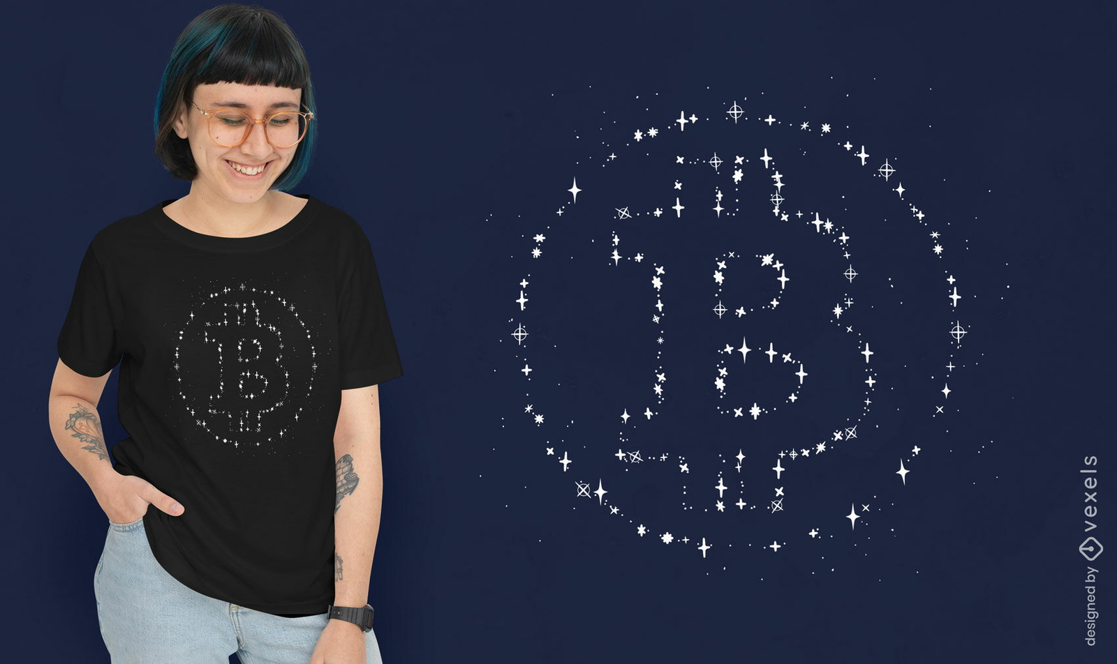 Símbolo de criptomoeda no design de camiseta espacial