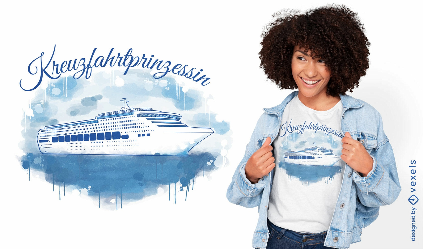 Navio de cruzeiro em design de camiseta em aquarela do oceano