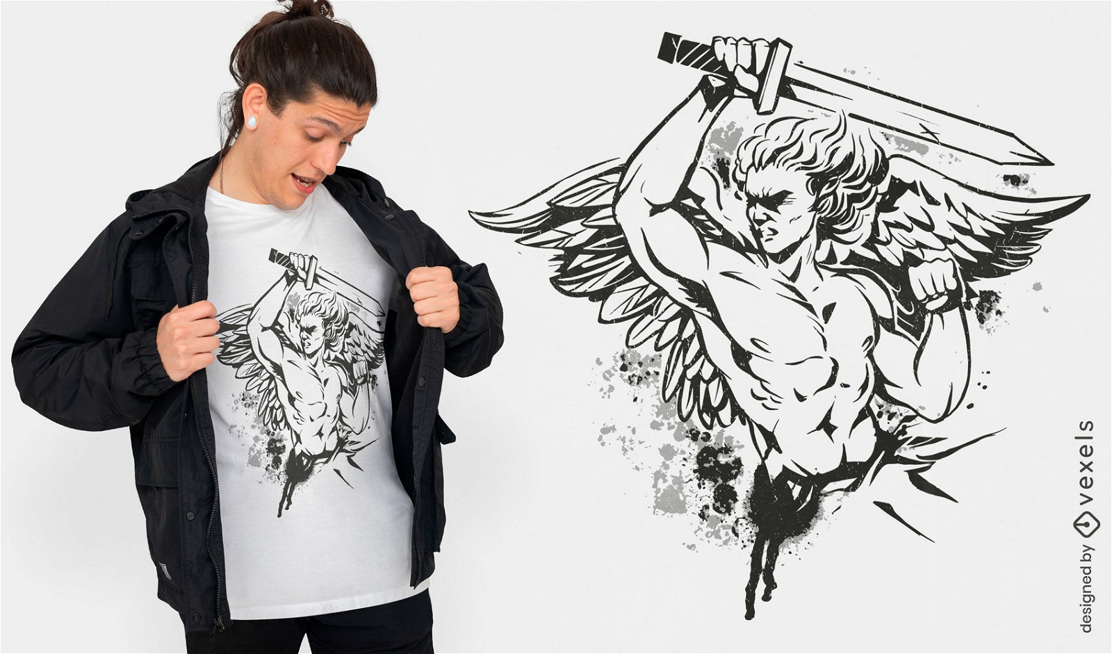 Diseño de camiseta de hombre con alas y espada