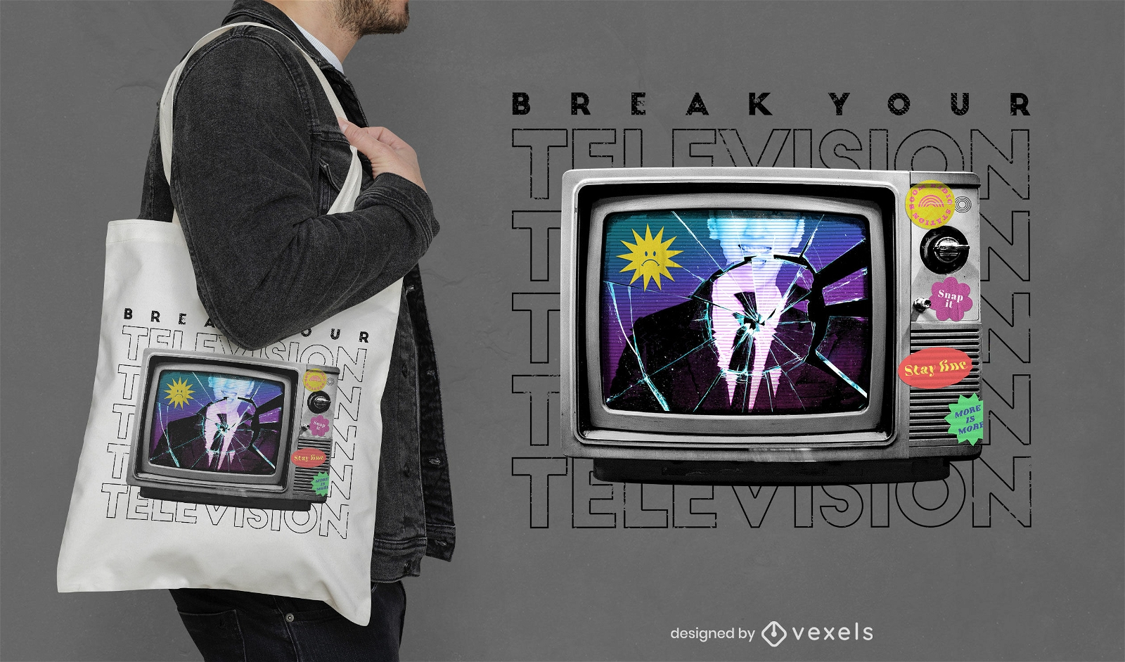 Design einer kaputten TV-Einkaufstasche