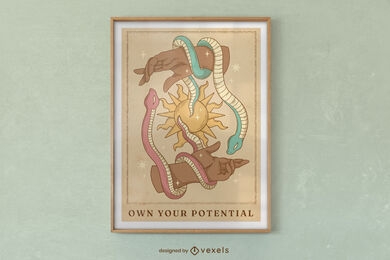 Diseño de cartel de serpientes místicas y manos.