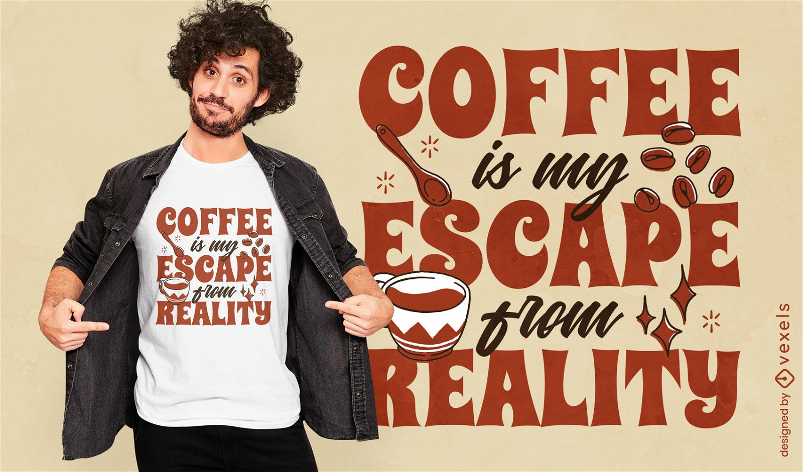 Café escapar do design de t-shirt de citação de realidade