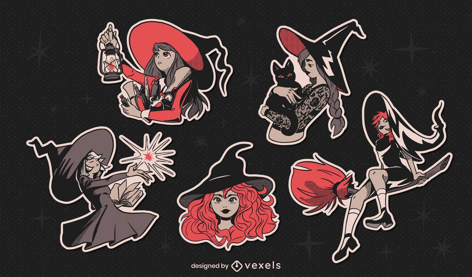 Young witches characters sticker set
