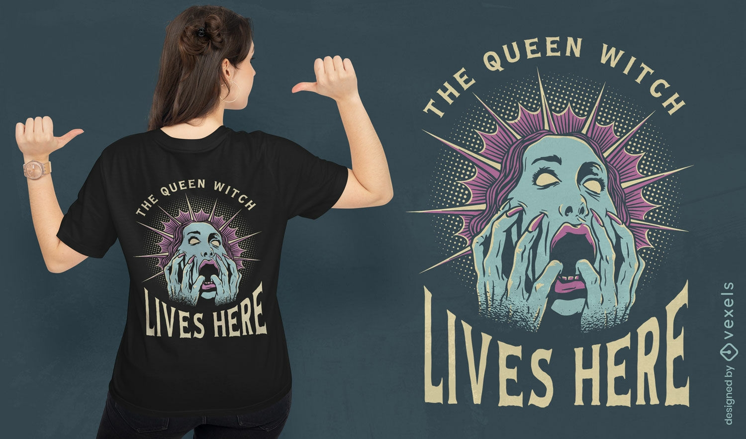 Diseño de camiseta cómica de Halloween de bruja reina