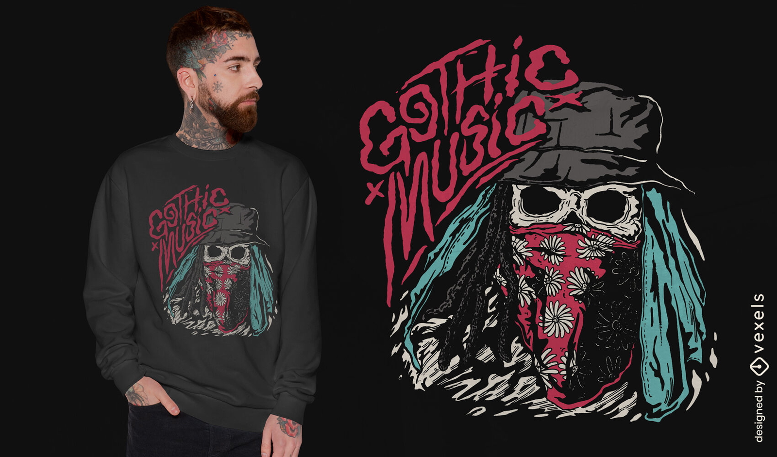 Diseño de camiseta de esqueleto de música gótica.