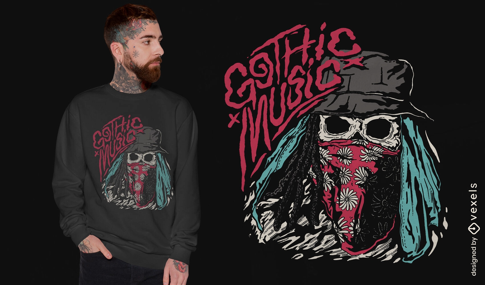 Goth music skeleton t-shirt design