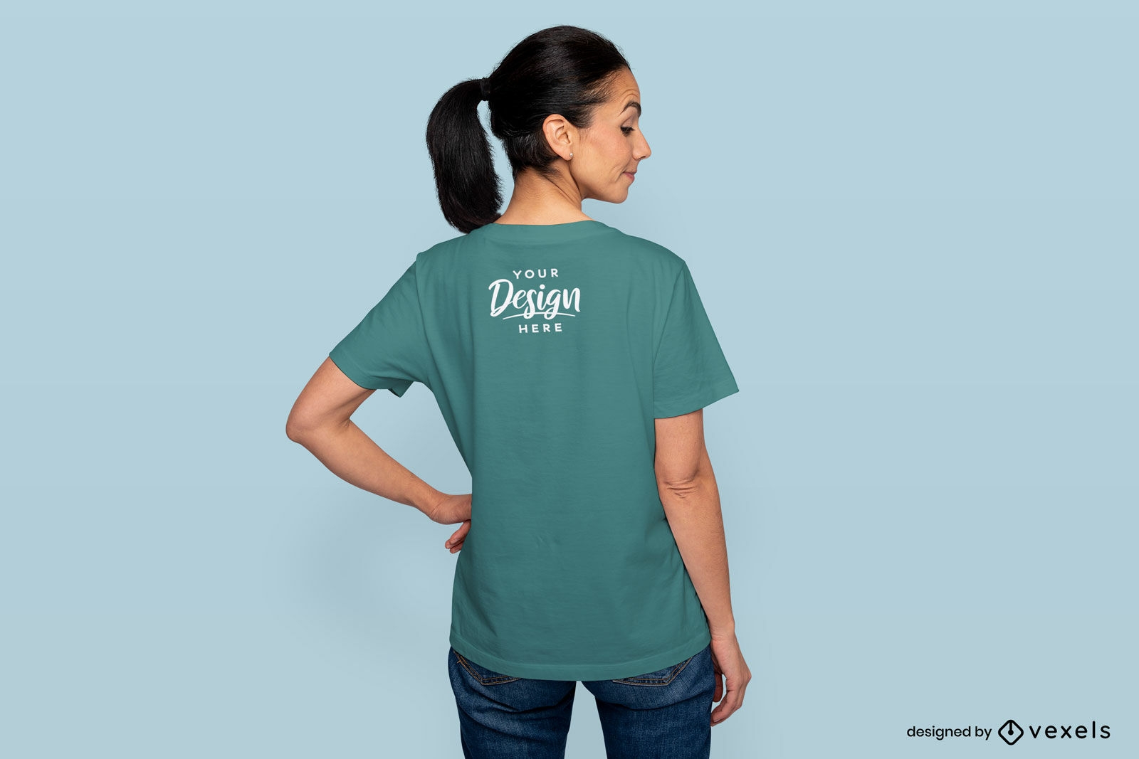 Woman with ponytail back t-shirt mockup