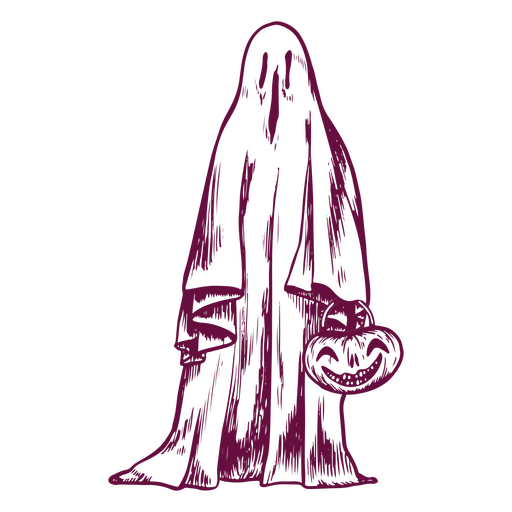 Ghostly figure dressed in a white sheet and holding a grinning pumpkin PNG Design
