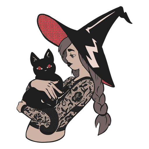 Una joven bruja acompa?ada de un gato negro. Diseño PNG